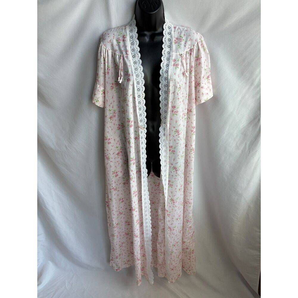 Vintage Movie Star Floral Night Robe One Size Lace Trim Cottagecore Prairie Pink